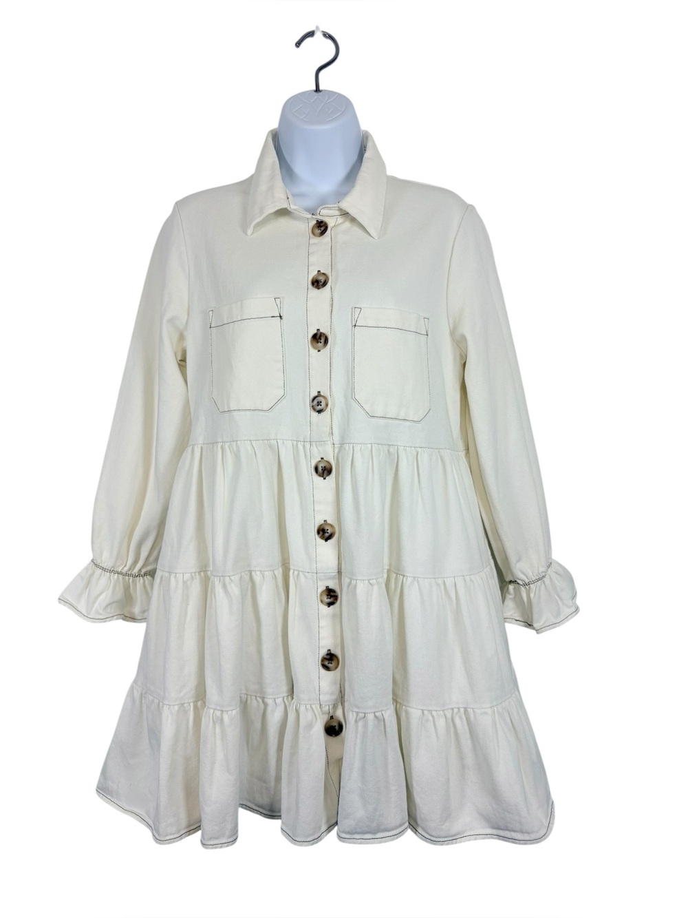 Petal & Pup Cream Tiered Shirt Dress Button Front Ruffle Sleeve Size US 4